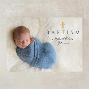 Invitación Foto de Bautizo de Niño con Cruz Religiosa Azul Ma