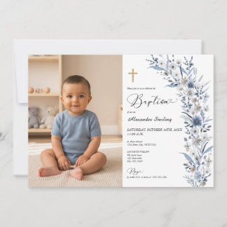 Invitación Foto de Bautizo de Niño con Flor Silvestre Azul Po