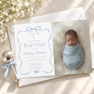 Invitación Foto de Bautizo de Niño con Lazo Azul Moderno