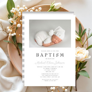 Invitación Foto de Bautizo de Niño con Rayas Grises Modernas