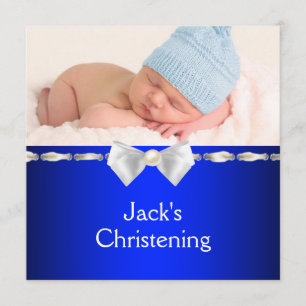 Invitación Foto de Bautizo de Niño en Azul Marino Blanco