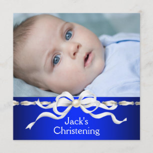 Invitación Foto de Bautizo de Niño en Azul Marino y Blanco