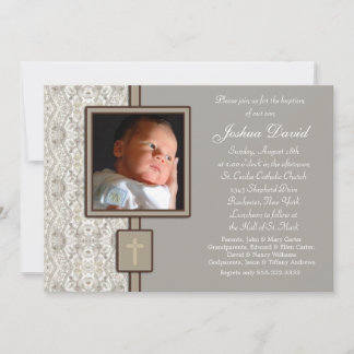 Invitación Foto de Bautizo de Niño en Marfil Beige