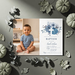 Invitación Foto de Bautizo de Niño Otoñal con Calabaza Azul P