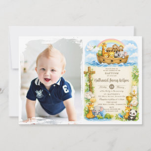 Invitación Foto de Bautizo del Arca de Noé Animales Lindos Ni