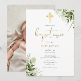Invitación Foto de Bautizo Floral Verde Acuarela Dorado