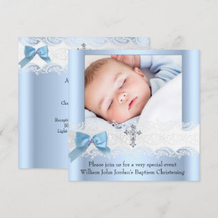 Invitación Foto de Bautizo Niño Cruz de Joyas de Encaje Azul
