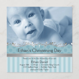 Invitación Foto de Bautizo Niños Elegante Azul a Rayas