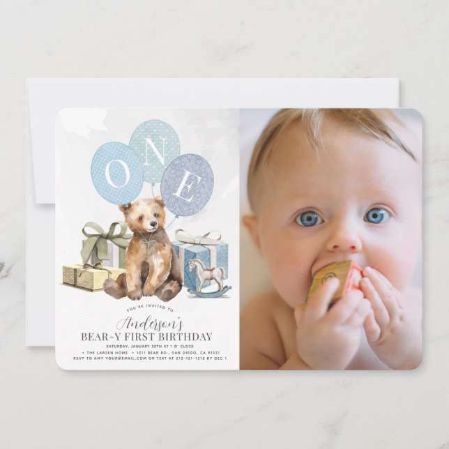 Invitación Foto de Bear-y 1er cumpleaños Bear Blue Balloon Bo (Anverso)