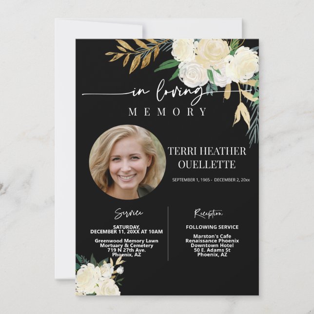 Invitación Foto de Black Gold Floral Funeral Memorial Service (Anverso)