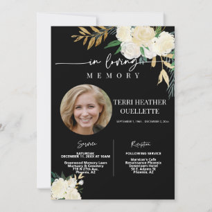 Invitación Foto de Black Gold Floral Funeral Memorial Service