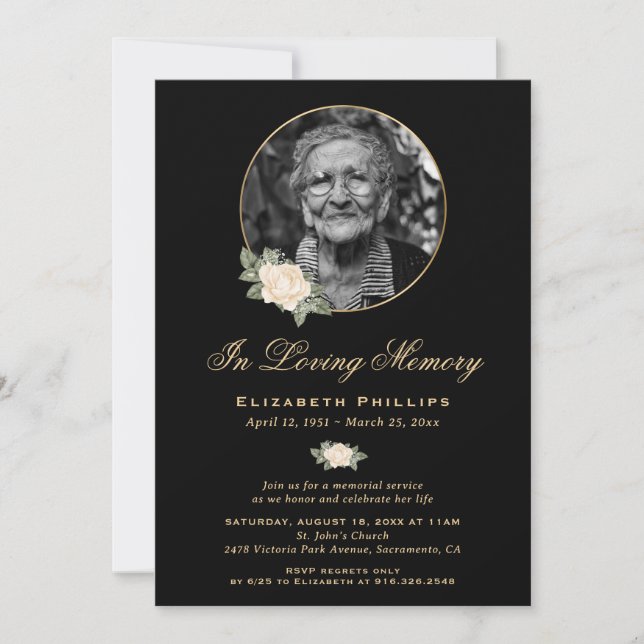 Invitación Foto de Black Yellow Gold Floral Memorial Service (Anverso)