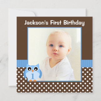 Invitación Foto de Blue Owl Brown Polka Dot de primer cumplea