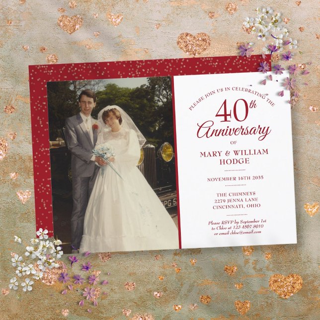 Invitación Foto de boda 40 aniversario elegante rubí (Wedding Photo 40th Anniversary Elegant Ruby Invitation)