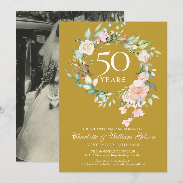 Invitación Foto de Boda 50º Aniversario Floral Dorado (Anverso / Reverso)