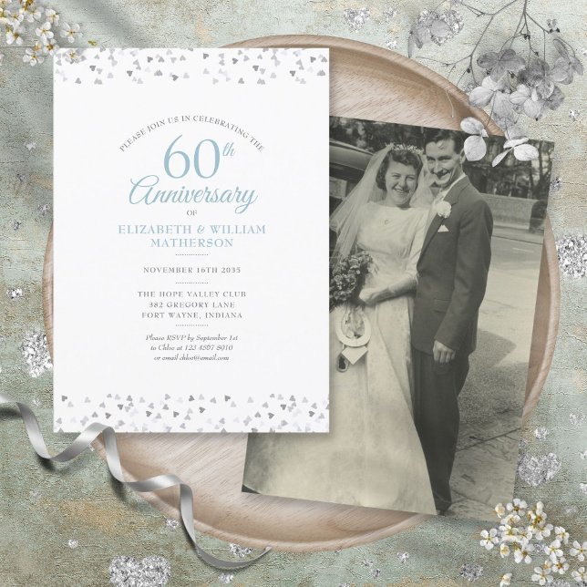 Invitación Foto de Boda 60 Aniversario Corazones Confeti (Wedding Photo 60th Anniversary Hearts Confetti Invitation)