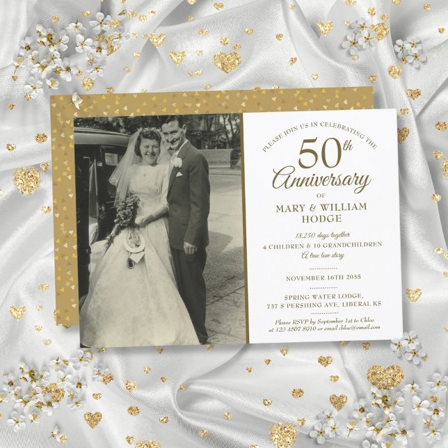 Invitación Foto de boda Aniversario de Oro 50º (50th Golden Anniversary Memories Wedding Photo Invitation)