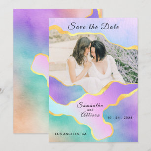 Invitación Foto de Boda Arcoíris Dorado LGBT para Salvar la F