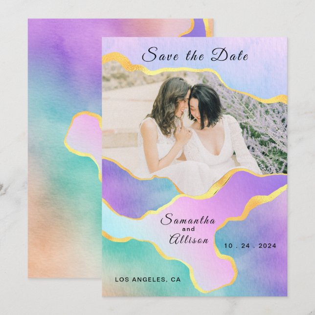 Invitación Foto de Boda Arcoíris Dorado LGBT Salva la Fecha (Anverso / Reverso)