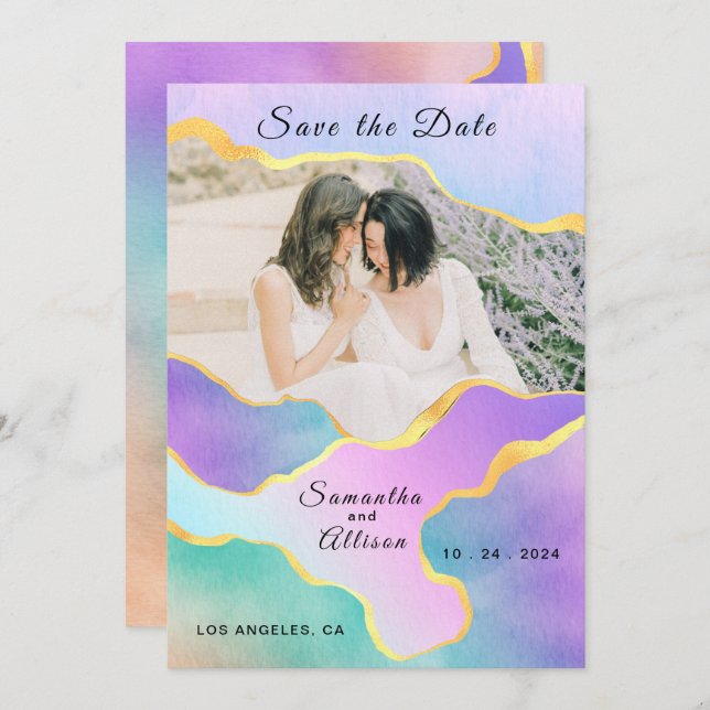 Invitación Foto de Boda Arcoíris Dorado LGBT - Save the Date (Anverso / Reverso)