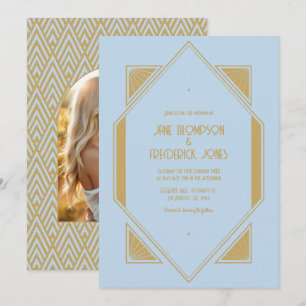 Invitación Foto de boda Art Déco azul en polvo y dorado metál