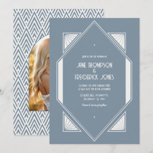 Invitación Foto de boda Art Déco azul pizarra y perla blanca