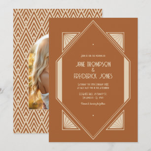 Invitación Foto de boda Art Déco con Siena quemada y Taupe de