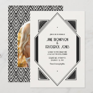 Invitación Foto de boda Art Déco de lino marfil y negro azaba