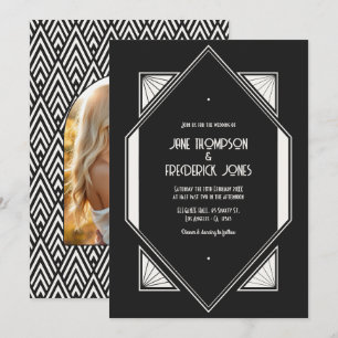 Invitación Foto de boda Art Déco de negro azabache y lino mar