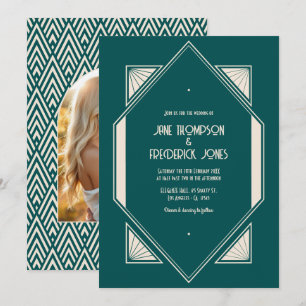 Invitación Foto de boda Art Déco de Océano Turquesa y Arena P