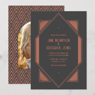 Invitación Foto de boda Art Déco de Pizarra de Carbón y Cobre