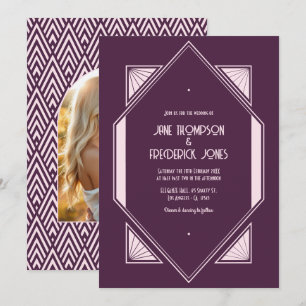 Invitación Foto de boda Art Déco de terciopelo ciruela y suav