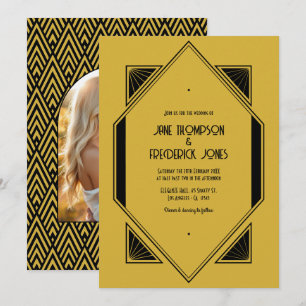 Invitación Foto de boda Art Déco en Champagne Oro y Noir