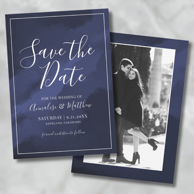 Invitación Foto de Boda Azul Marino para Guardar la Fecha (Simple Elegant Navy Blue Save the Date Wedding Invitation)