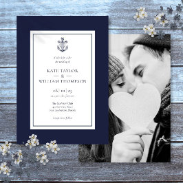 Invitación Foto De Boda Azul Y Blanco De La Marina De Ancla N