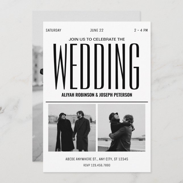 Invitación Foto de boda blanco y negro de moda moderna (Anverso / Reverso)