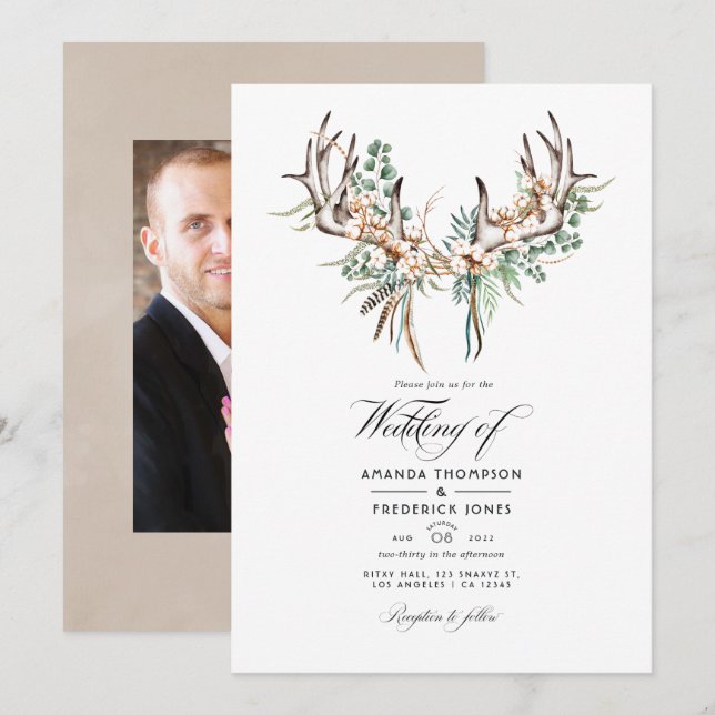 Invitación Foto de boda boho de algodón y eucalipto (Anverso / Reverso)