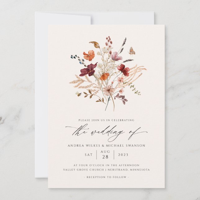 Invitación Foto de boda boho elegante de flores silvestres de (Anverso)