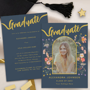 Invitación Foto de Boda Boho Floral Azul Fiesta de Graduación