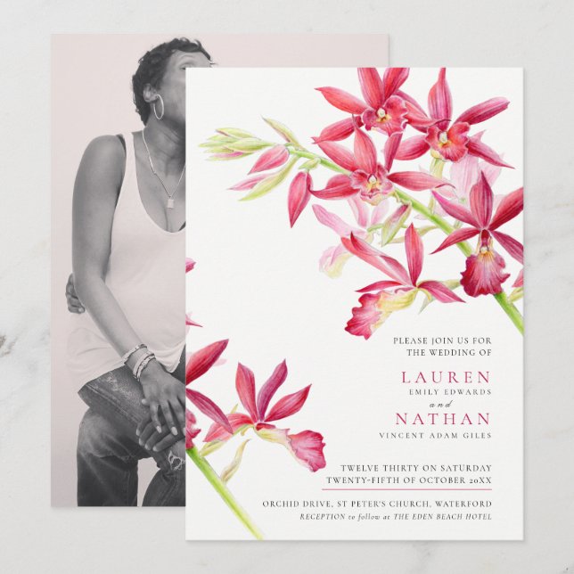 Invitación Foto de boda botánico de la acuarela de orquídea r (Anverso / Reverso)