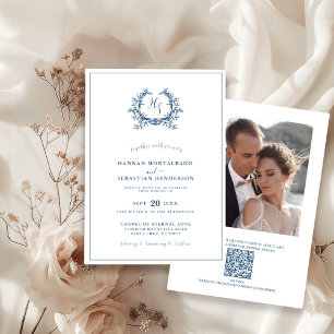 Invitación Foto de boda con código QR de cresta floral azul p