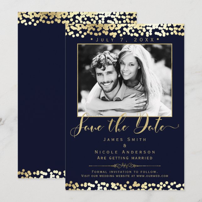 Invitación Foto de boda con confeti azul y dorado para guarda (Anverso / Reverso)