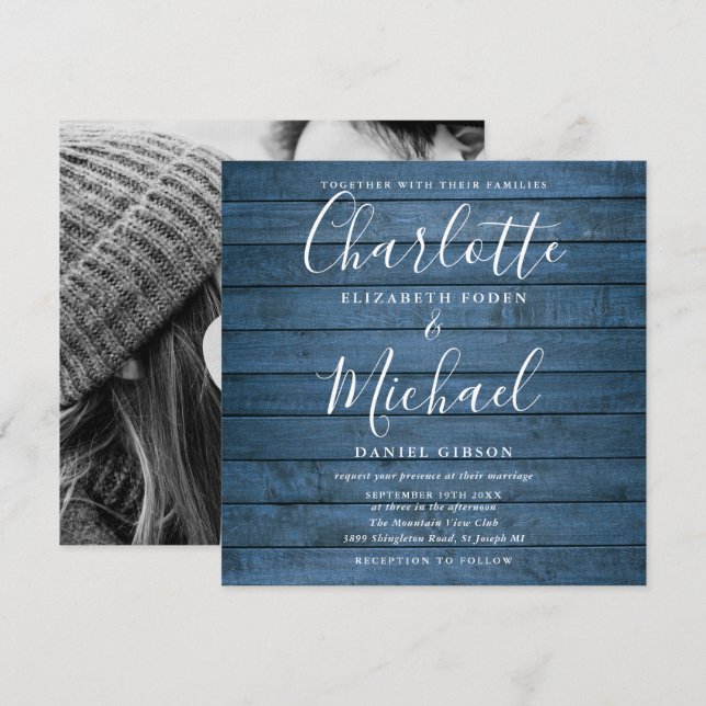 Invitación Foto de boda con guión de firma de madera rústica  (Anverso / Reverso)