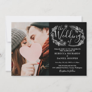 Invitación Foto de boda con guión de follaje en blanco y negr