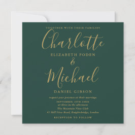 Invitación Foto de boda con guión verde esmeralda y dorado