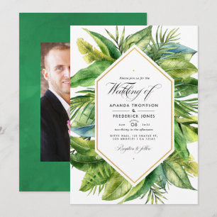 Invitación Foto de boda con hojas tropicales acuarela