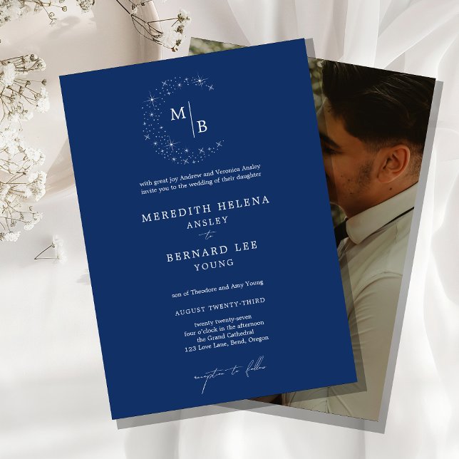 Invitación Foto de boda con monograma celestial elegante form (Subido por el creador)