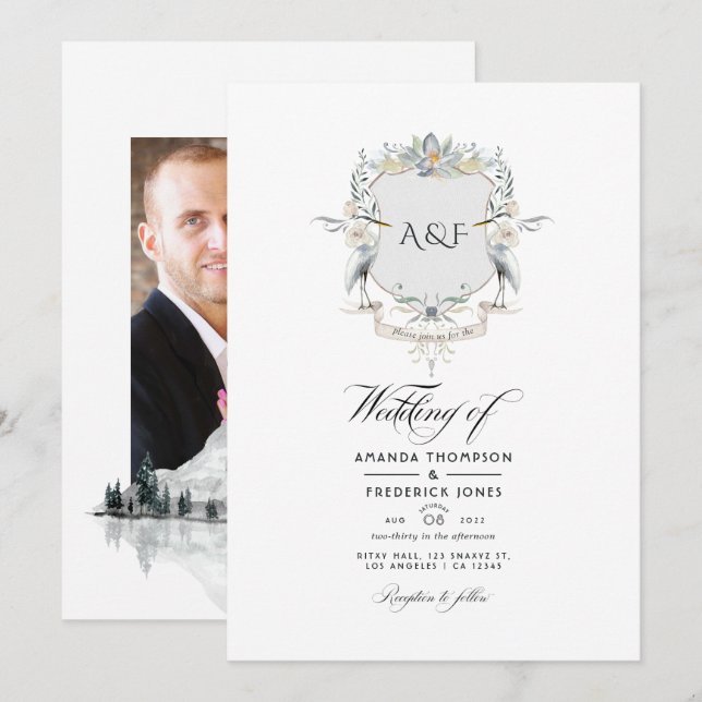 Invitación Foto de boda con monograma de cresta de laurel jun (Anverso / Reverso)