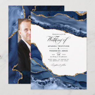 Invitación Foto de boda con piedra de ágata dorada y azul mar