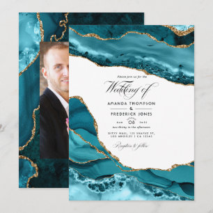 Invitación Foto de boda con piedra de ágata verde y dorada